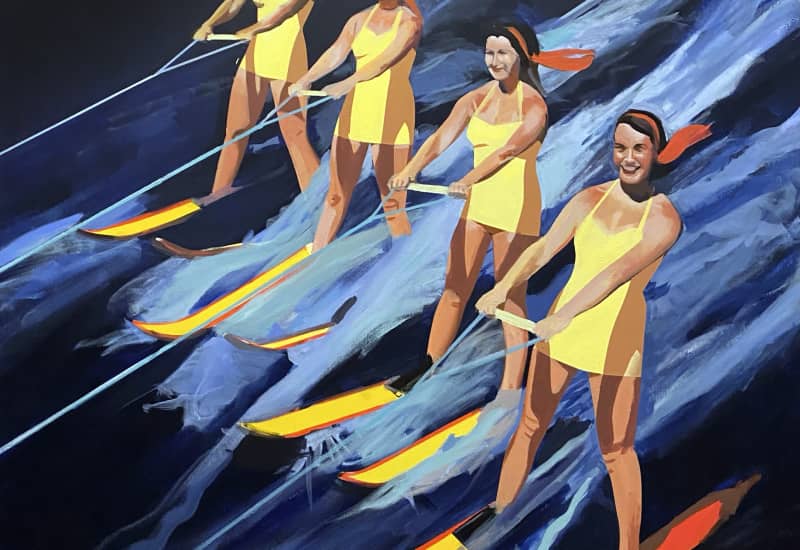 One of the most compelling female artists to watch, this Jessica Brilli painting, Water Skiers (2024) shows 4 women in yellow, skiing a big wave.