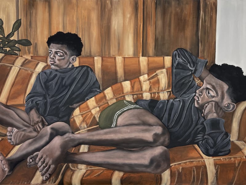Davariz Broaden painting with two young boys sitting on a couch, painted in a painterly style.