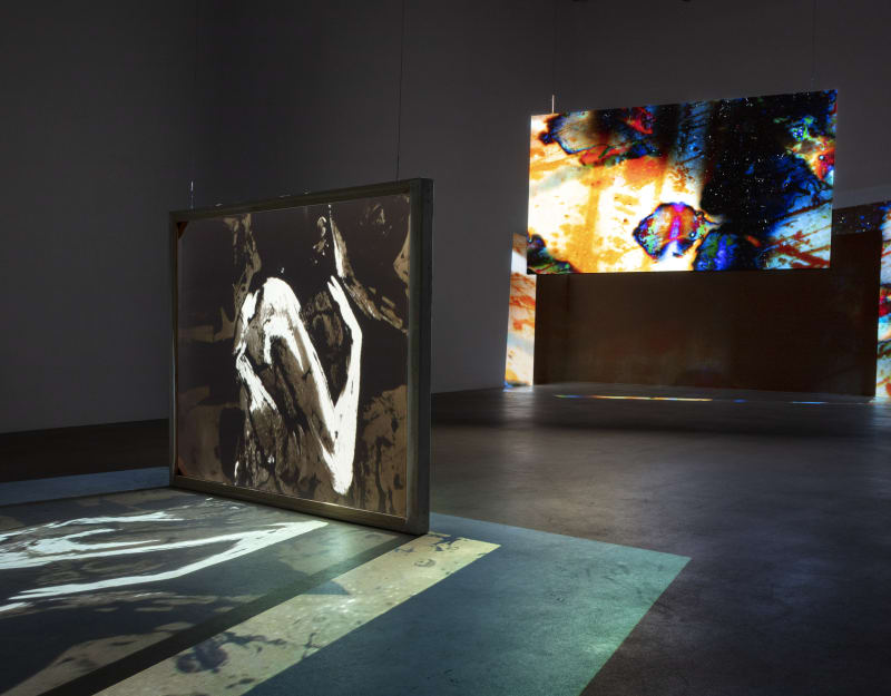 Raft, 2022 by Matt Saunders; 2 channel video installation on custom screens at the American Academy of Arts and Letters