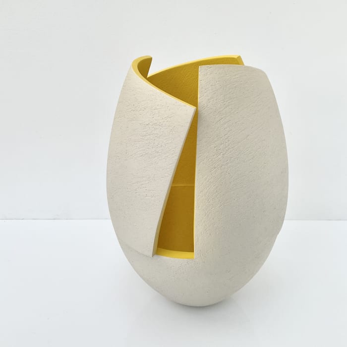 Ashraf Hanna, Light Grey Cut and Altered Vessel with Yellow Interior, 2022