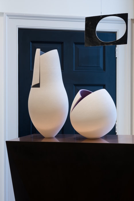 Ashraf Hanna, Tall Cut and Altered White Vessel with Grey Interior, 2022