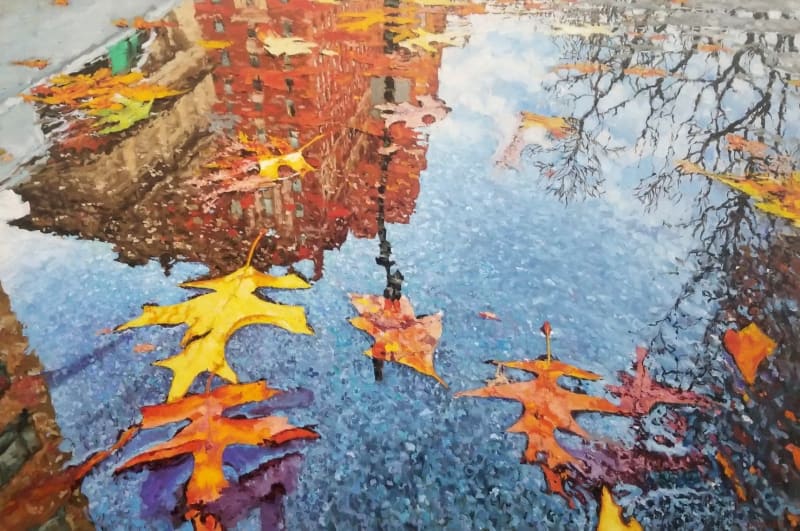 Painting of a puddle with buildings reflecting in it and leaves on its surface