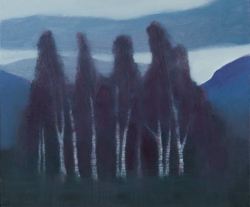 Jane MacNeill, Stand of winter birch trees with dark mountains (Rothiemurchus), 2022