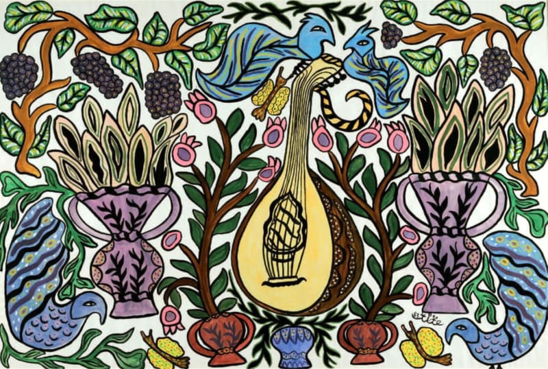 Baya Mahieddine, Composition au luth, aux oiseaux, aux papillons, aux raisins et aux vases de fleurs, 1983