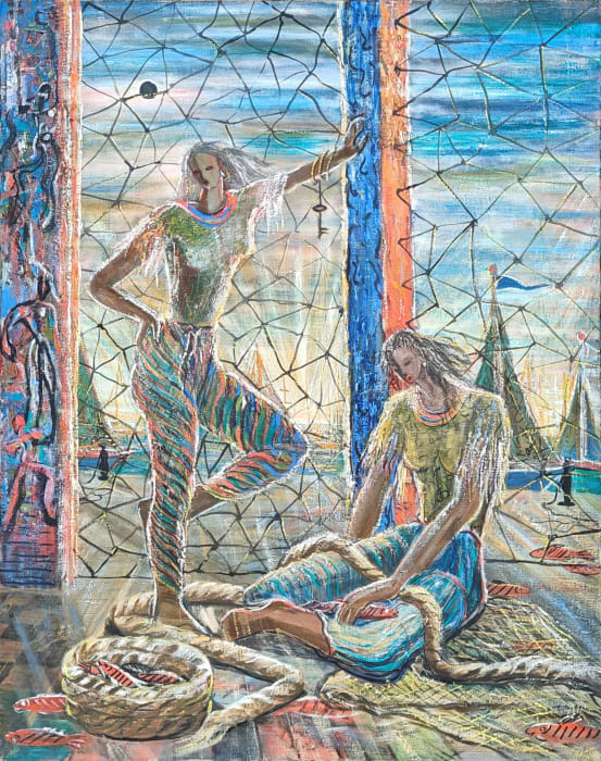 Juanita Guccione, Untitled (two women, nets, coil of rope), circa 1946