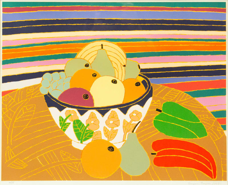 Bryan Pearce, Bowl of Fruit on a Patterned Tablecloth, 1981