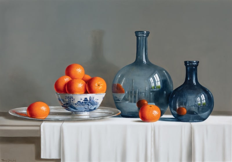 Tony de Wolf, Two Blue Glass Jugs and Tangerines