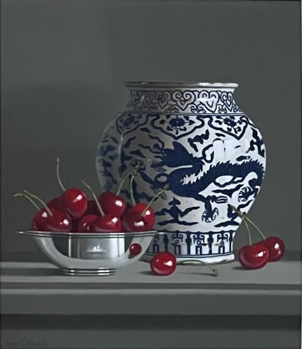 Tony de Wolf, Dragon Vase with Cherries in Silver Bowl