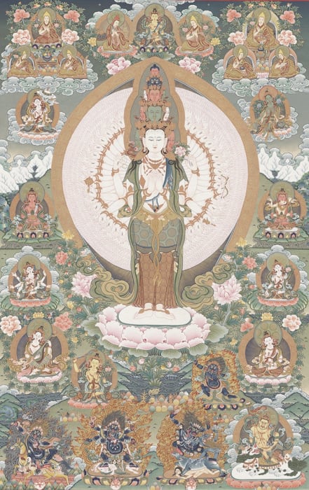 Niangben , Avalokiteshvara with one thousands hands and one thousands eyes (Tangka in colors）