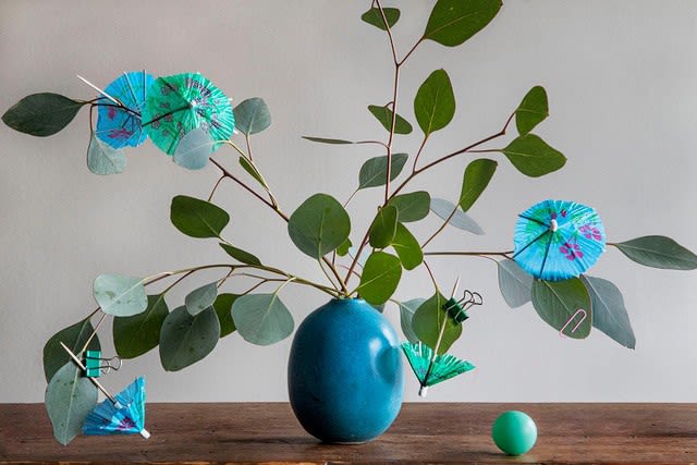 Charlee Brodsky, Still Life with Eucalyptus, Parasols, Ping Pong Ball, and a Pink Paper Clip, 2022