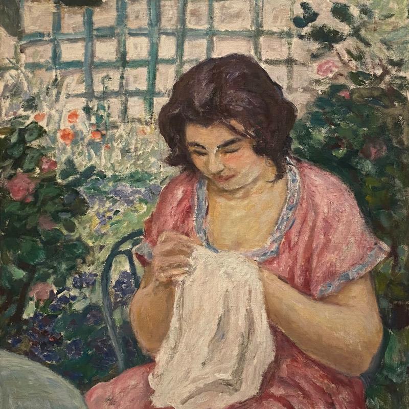 Benjamin-Marie-Albert André, Femme en Rose Cousant Dans Le Jardin, circa 1921