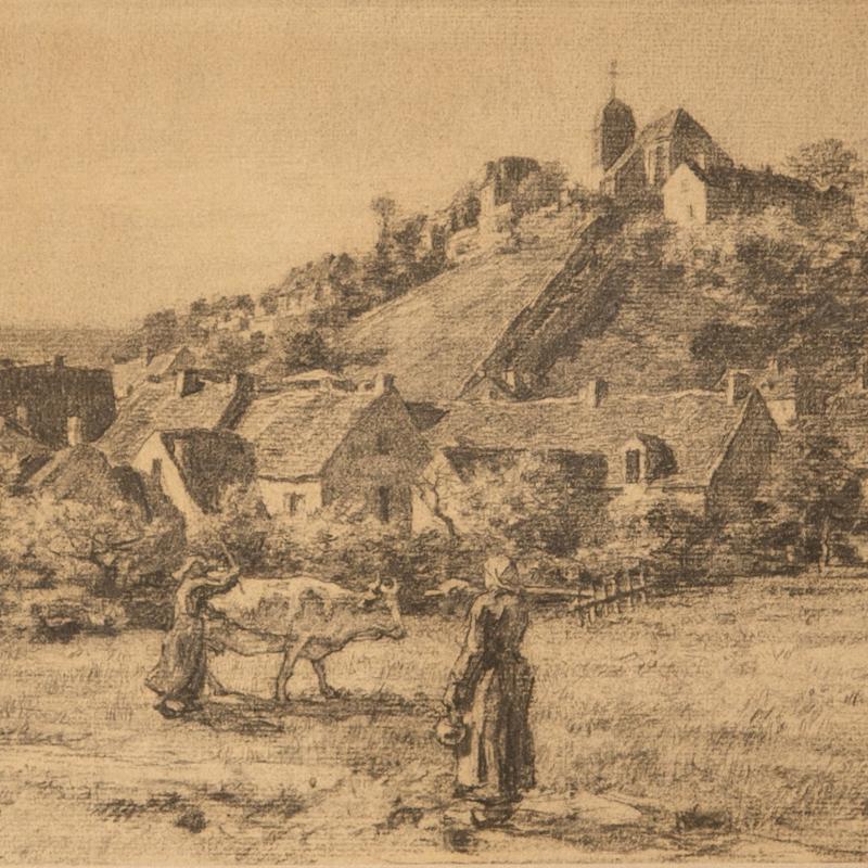 Léon Augustin L’hermitte, Paysannes et Vaches Devant le Village de Mont Saint Pere, 1887