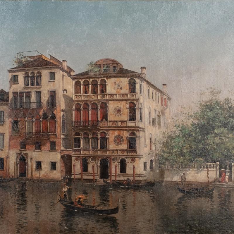 an oil painting os a Venice canal with gondola and buildings