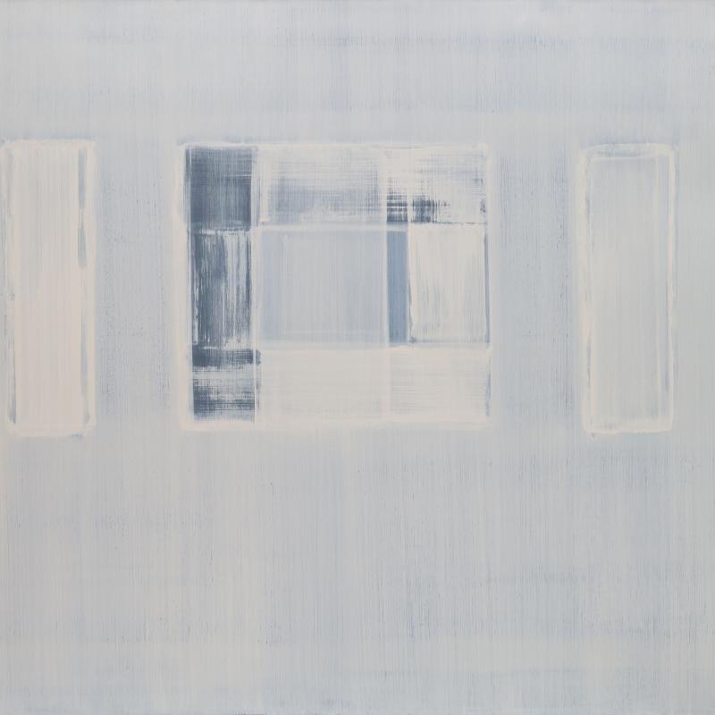 An abstract painting is subtle cool tones with a darker square element