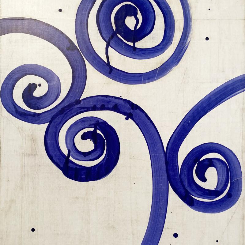 An abstract painting consisting of four blue swirls on a white background