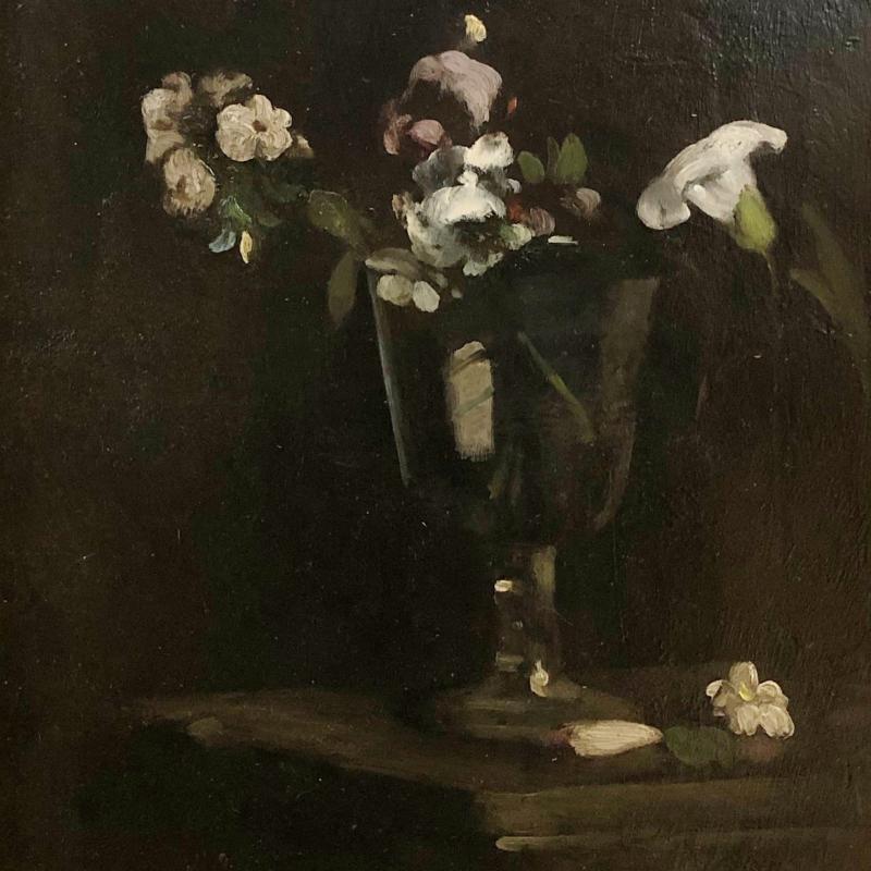 A dark painting of a glass vase and flowers