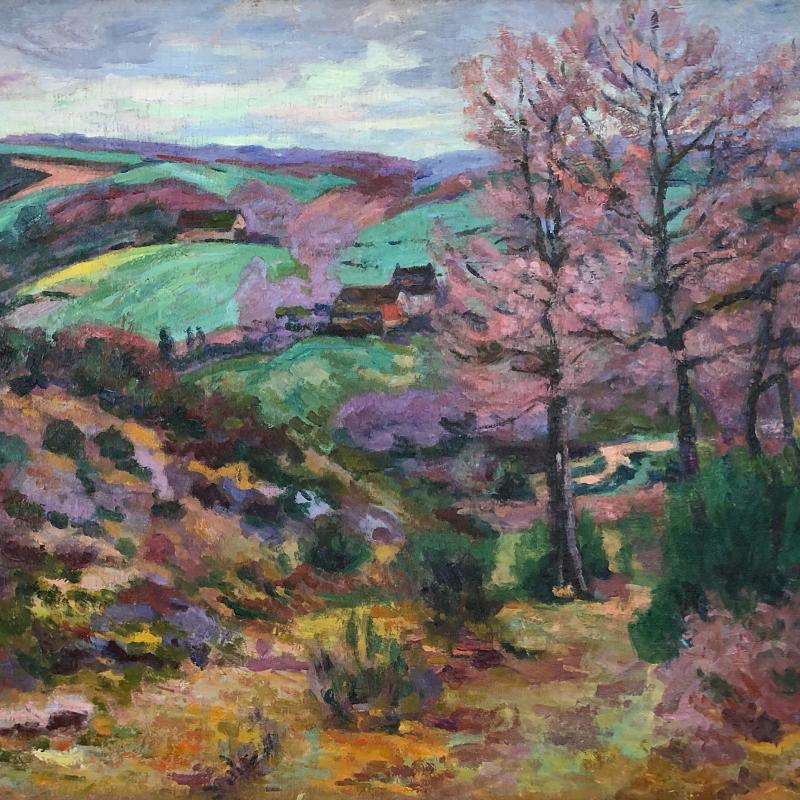 an impressionistic landscape depicting a valley, trees, and homes in the distance