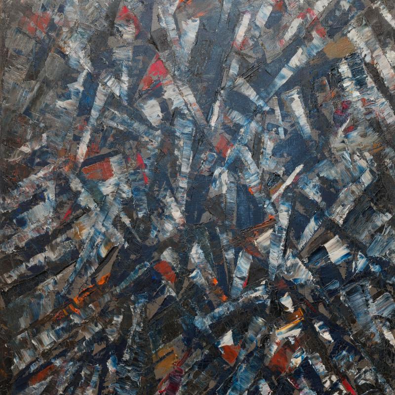 An abstract painting of sharp angular dark forms