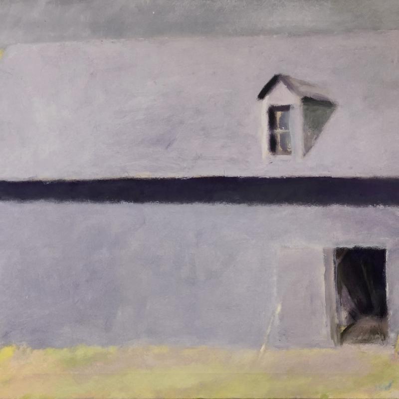A painting of a purple barn where the barn takes up almost all of the visible field