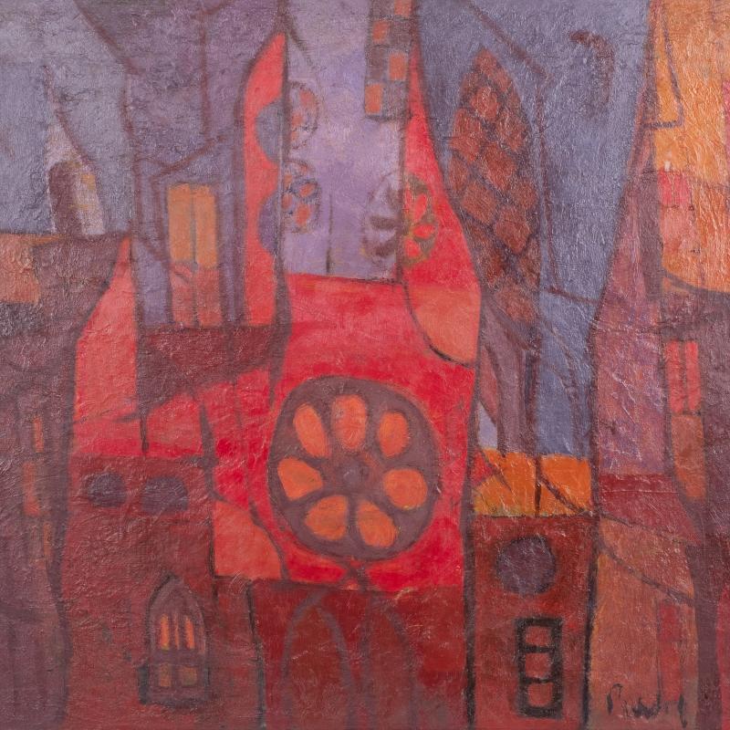 An abstracted image of a city in deep reds