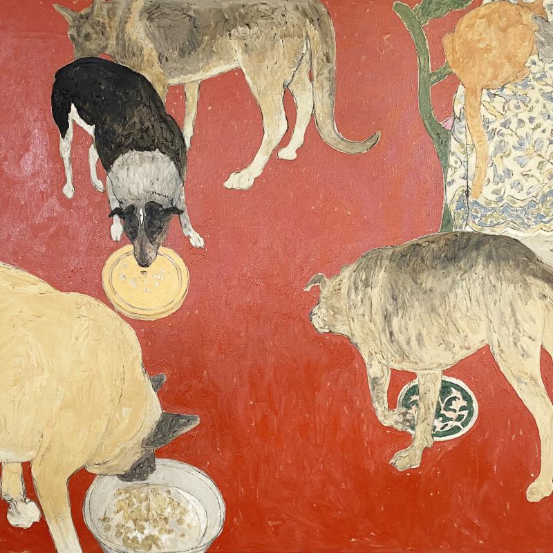 A stylized painting of four dogs eating from bowls, two cats on a table, all on a field of red