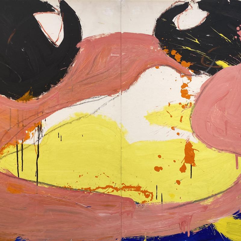An abstract painting on paper of splashy orange, yellow, and black