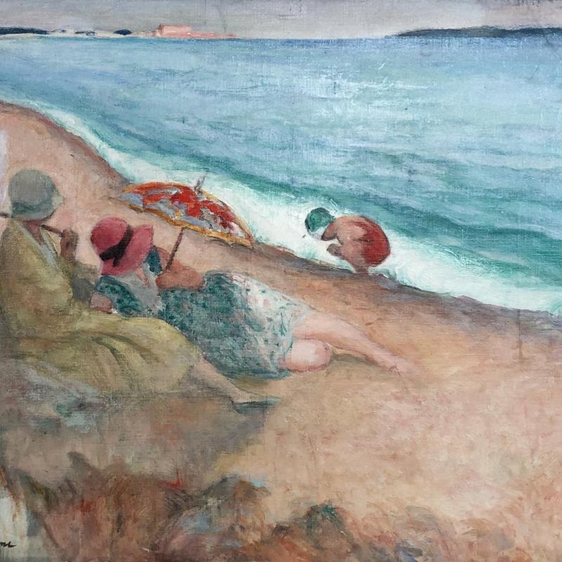A painting of a beach scene with three figures