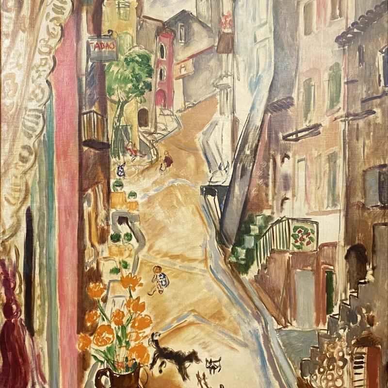 A painting of a crooked street in a Spanish village, seen through a window