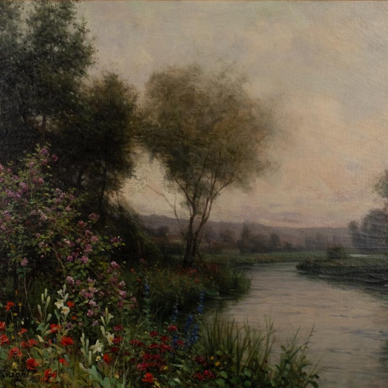 A lush landscape with a river on the right and trees and flowers on the left