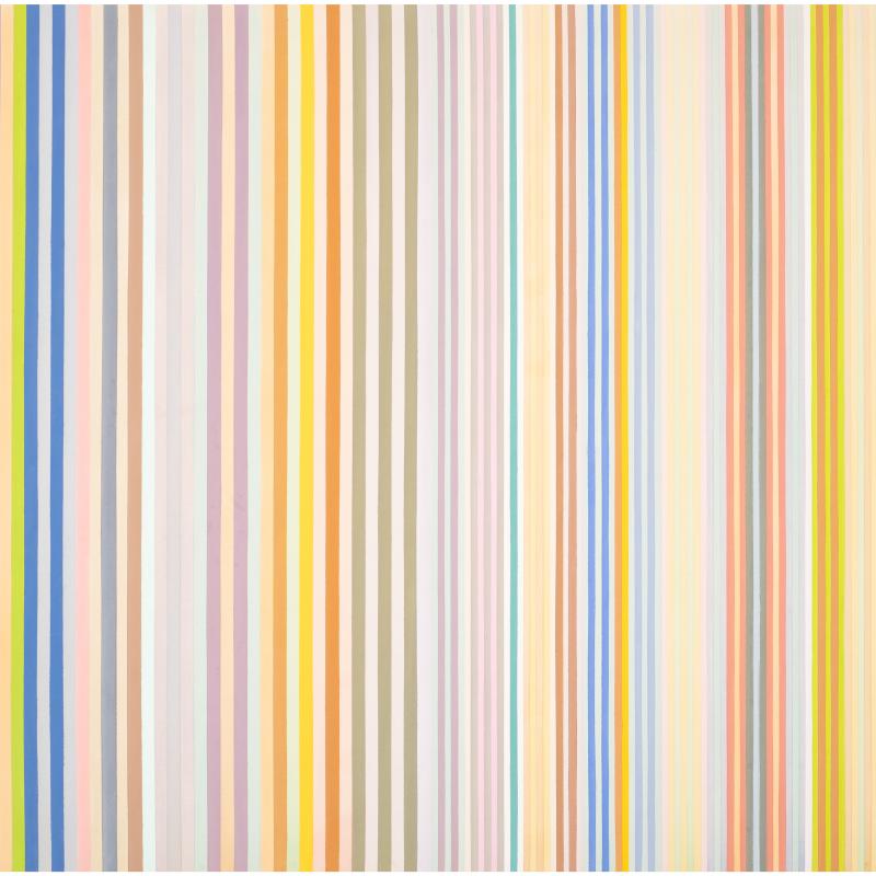 An abstract painting consisting solely of vertical stripes in muted tones