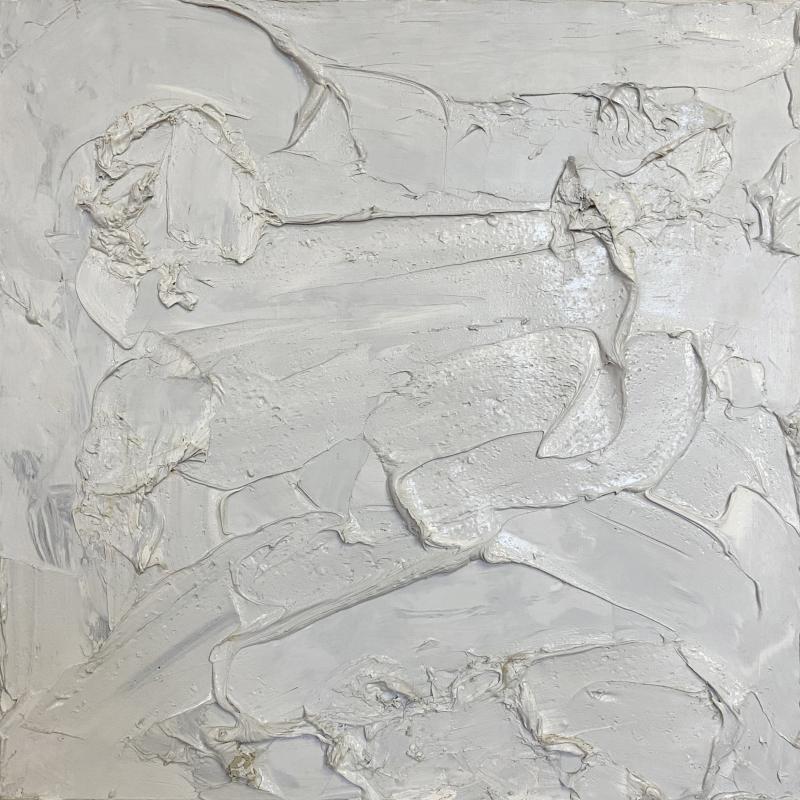 An abstract painting of heavily applied white and off white paint