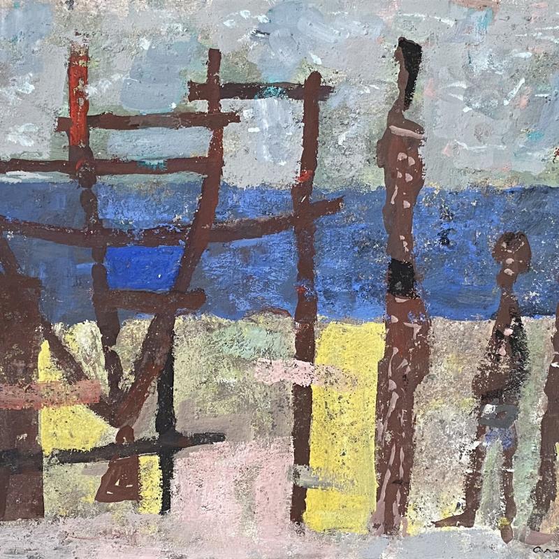 An abstracted beach scene with semi recognizable figures, beach, and water
