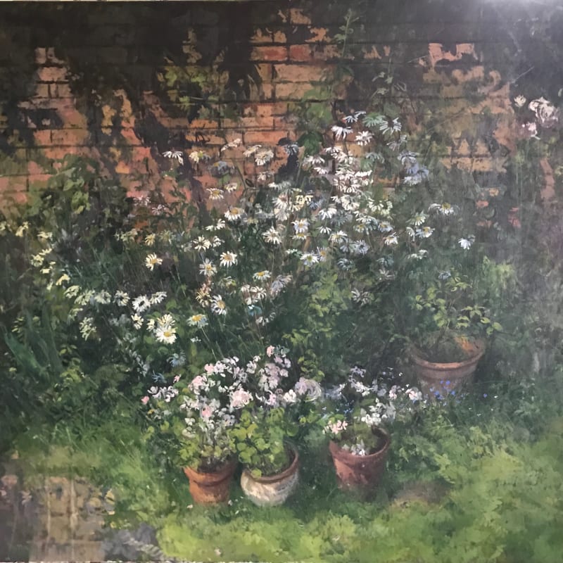 Peter Kuhfeld, Daisies and Geraniums against a Garden Wall