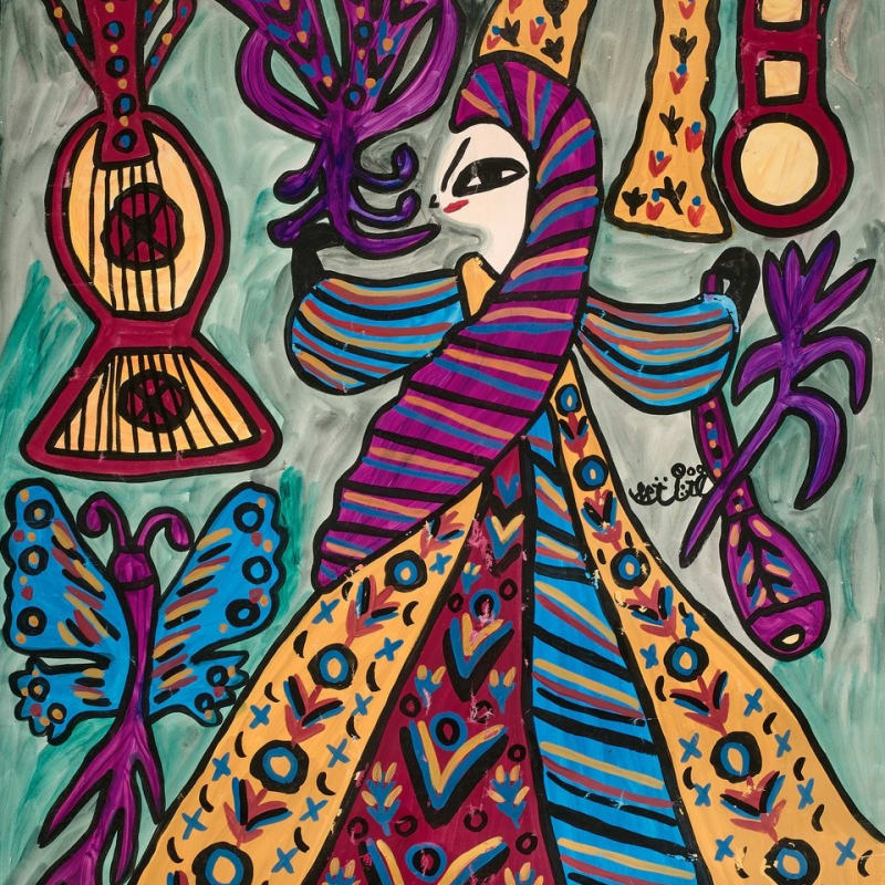Baya Mahieddine, Femme, mandoline et papillon, 1988
