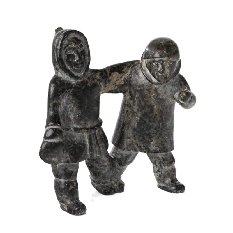 JOE TALIRUNILI (1893-1976) PUVIRNITUQ (POVUNGNITUK)  Three Legged Race, mid-late 1960s  stone, 6.75 x 6.25 x 4 in (17.1 x 15.9 x 10.2 cm)  signed and inscribed with artist's disc number, "JOE E9 / 818".