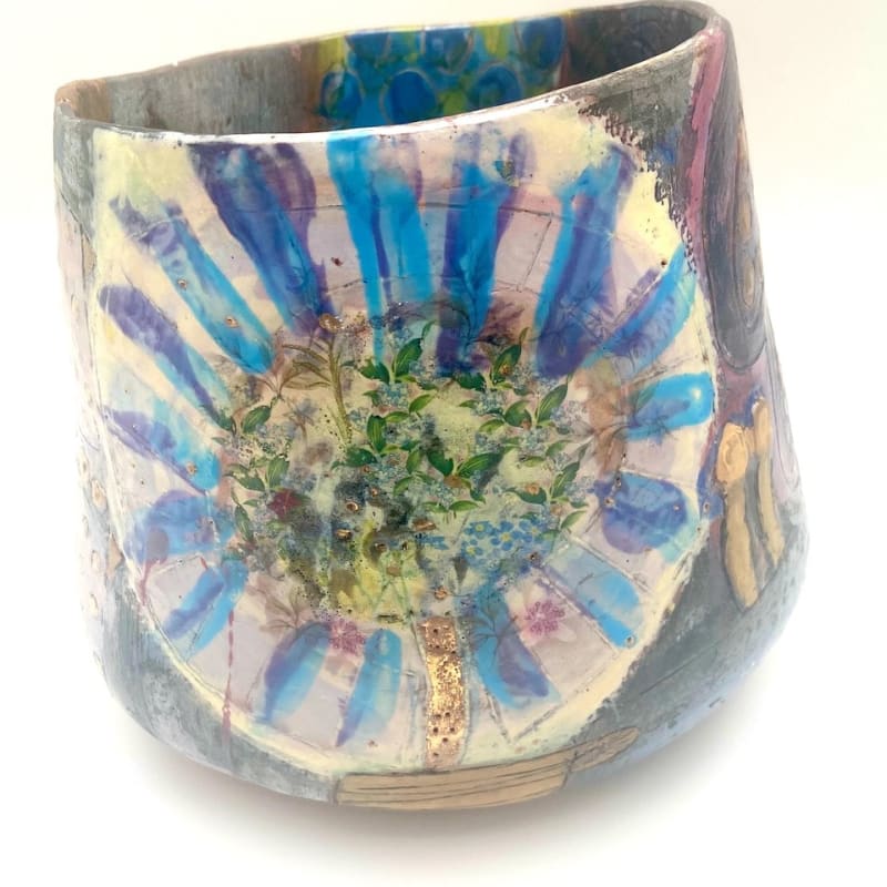 Linda Styles, Medium scale bowl with a floral theme, an homage to the flower farms and their general demise. Manganese overload and violet lustres abound, frosted mother of pearl and the dark opulence of the interior entirely meant, as is the prowling golden fox, 2022