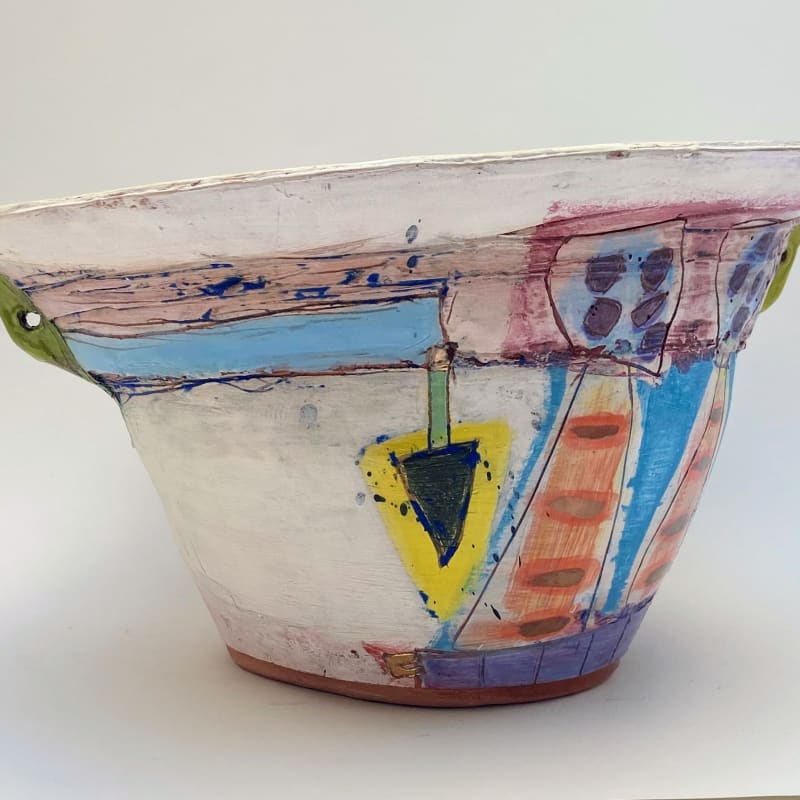 Linda Styles, Splayed top bowl, hand built with ultra soft strips of bandage width clay which aids distortion and stressing of the surface plane, 2019 - 20