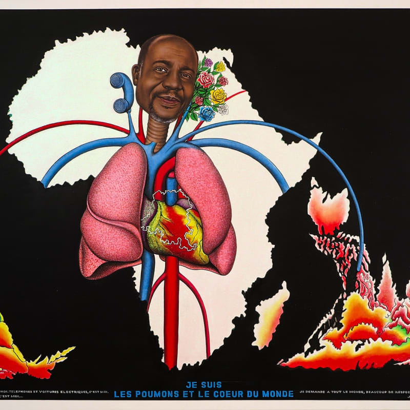 Chéri Samba Je suis les poumons et le coeur du monde Acrylique et paillettes sur toile 135 x 200 cm 53 x 79 in