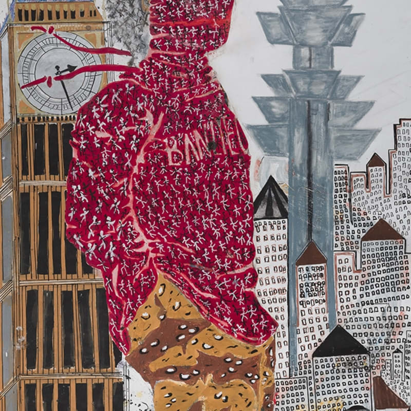 Kura Shomali Big ben Gouache, peinture acrylique, pastels, stylos, crayons, Poska sur papier Canson 150 x 98 cm 59 x 38,5 inches