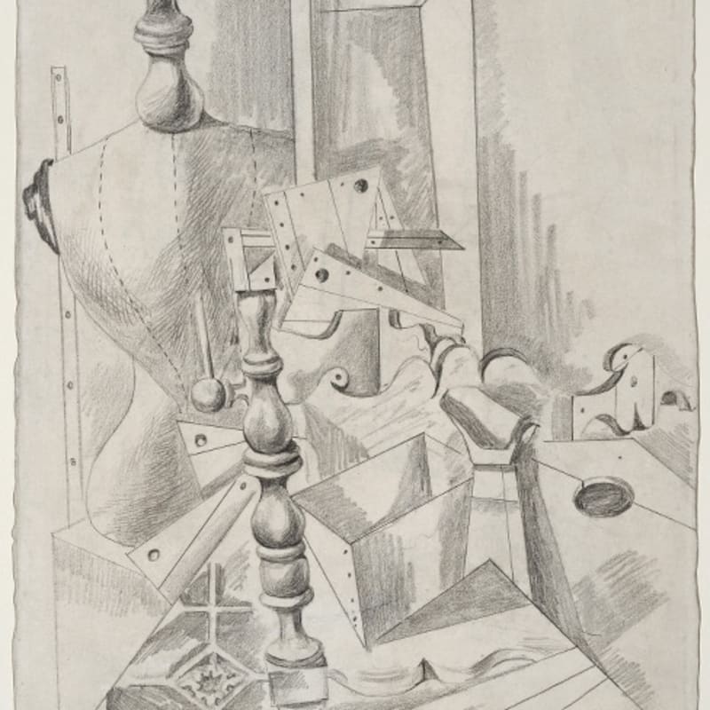 Giorgio De Chirico Recto : Intérieur métaphysique (Interno Metafisico) dessin à la mine de plomb sur papier 32 x 22 cm (archives)