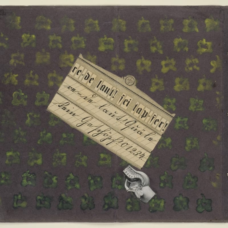 Max Ernst Sans titre (re = de laut ! sei tap = fer !) collages, gouache et frottage sur papier coloré 28,5 x 33 cm (archives)