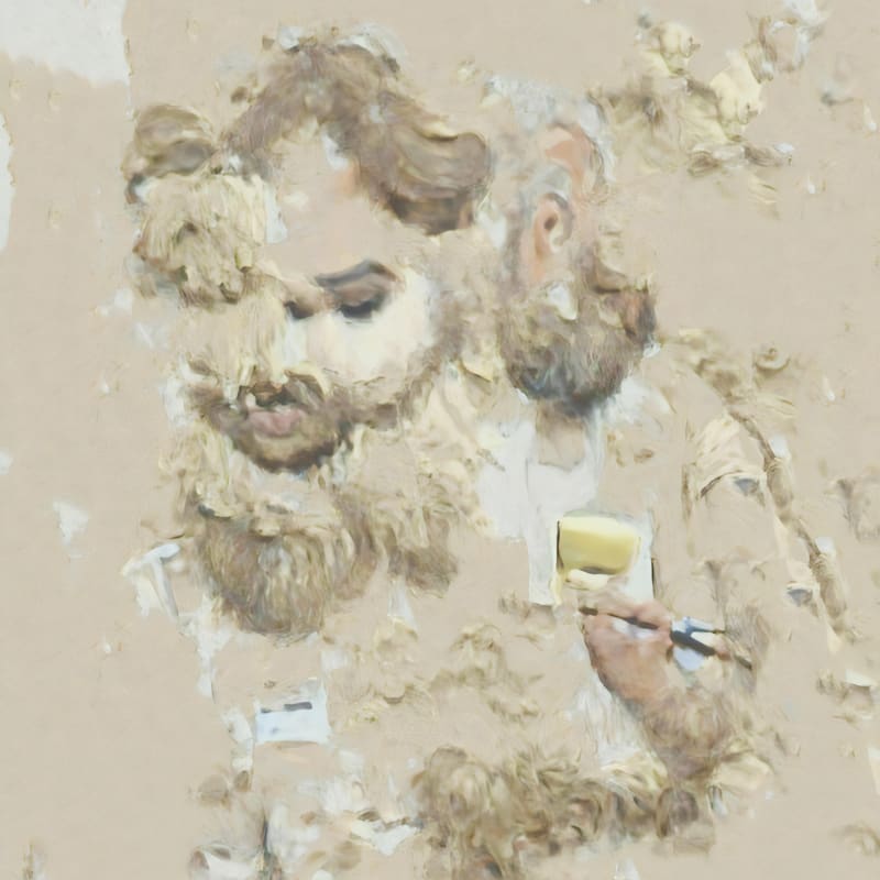 aurèce vettier, a bearded man working on a completely beige painting, 2021