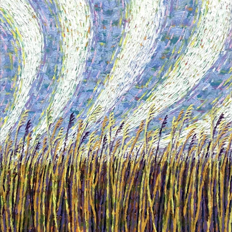 Oil painting of wheat with patterned sky
