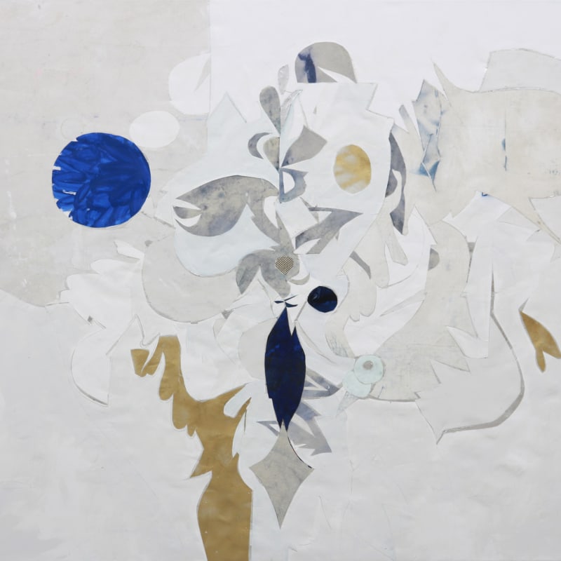 Abstract white, beige, gold and blue collage using remnants of earlier paintings and studio detritus