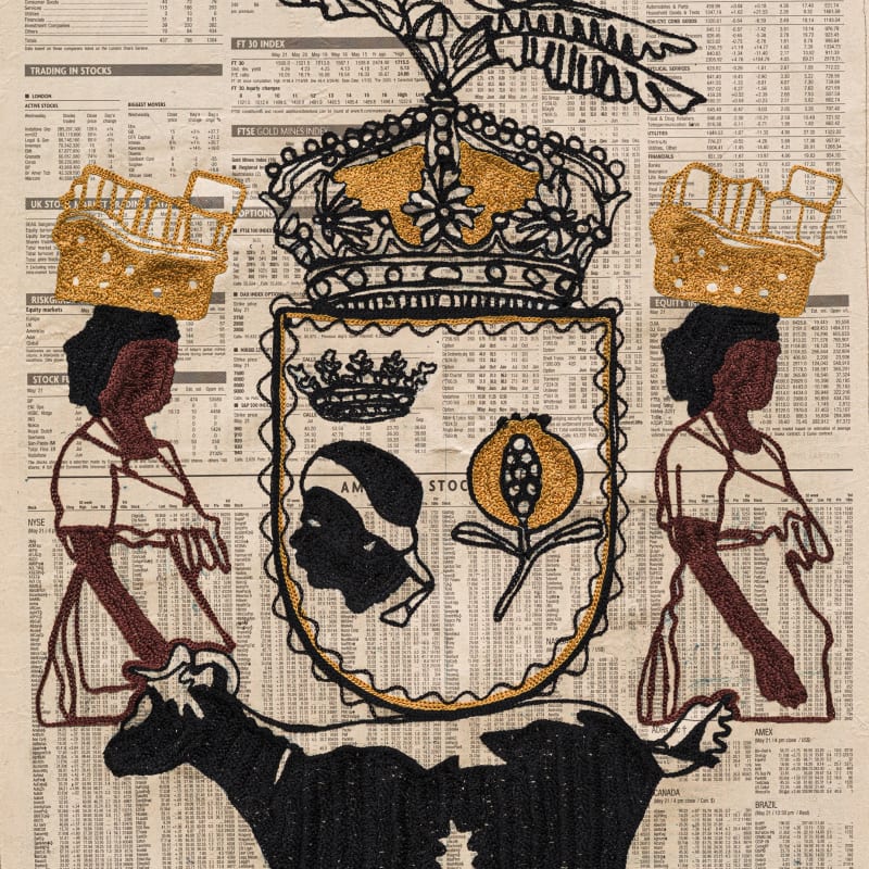 Godfried Donkor Financial Times dreams coat of arms XXXV, 2015 mixed media embroidery on paper Framed: 65 x 42 x 4 cms 25 5/8 x 16 1/2 x 1 5/8 inches