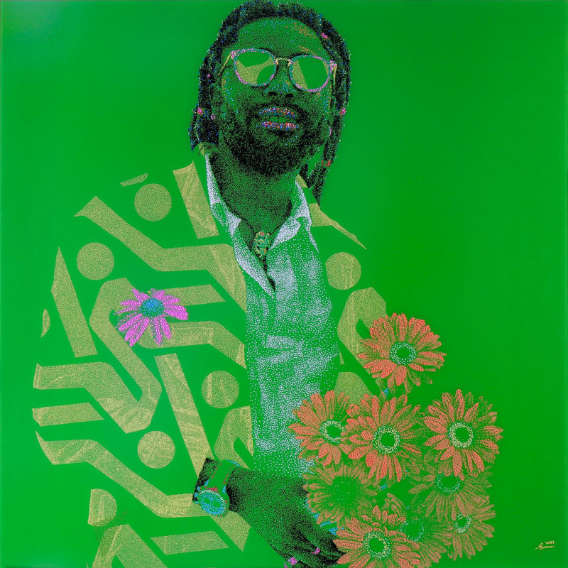 Evans Mbugua - Series "Flower Power" - Little bits of Goods - 2021 - 100cm x 100cm - Handmade oil painting on plexiglass