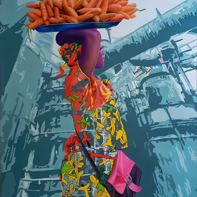 Daniel Onguene - La femme aux carottes - 2020 - 120cm H x 110cm W - Acrylic on canvas