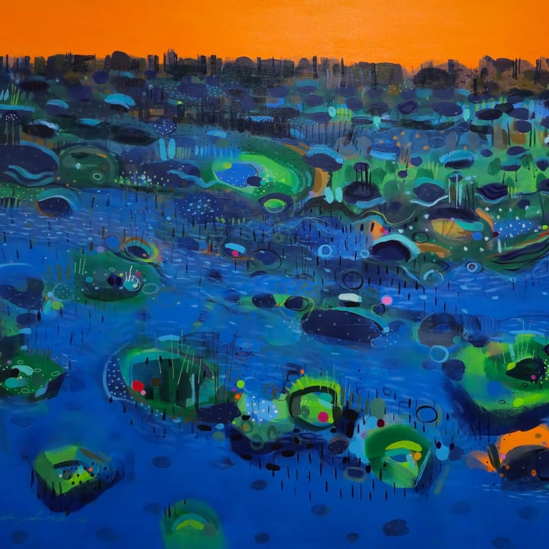 Miska Mohmmed - Dusk Over Lotus Fields - 2025 - 100cm H x 140cm W - Acrylic and markers on canvas