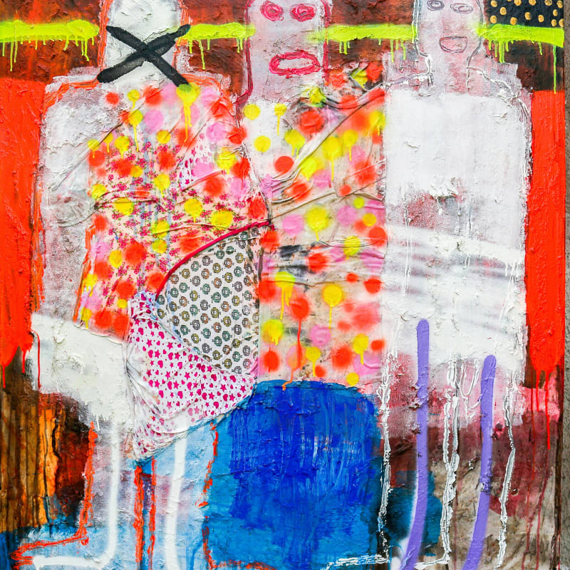 Bob-Nosa - Shut up II - 2019 - 122cm H x 106cm W - Acrylic, fabric collage and spray paint on textured canvas
