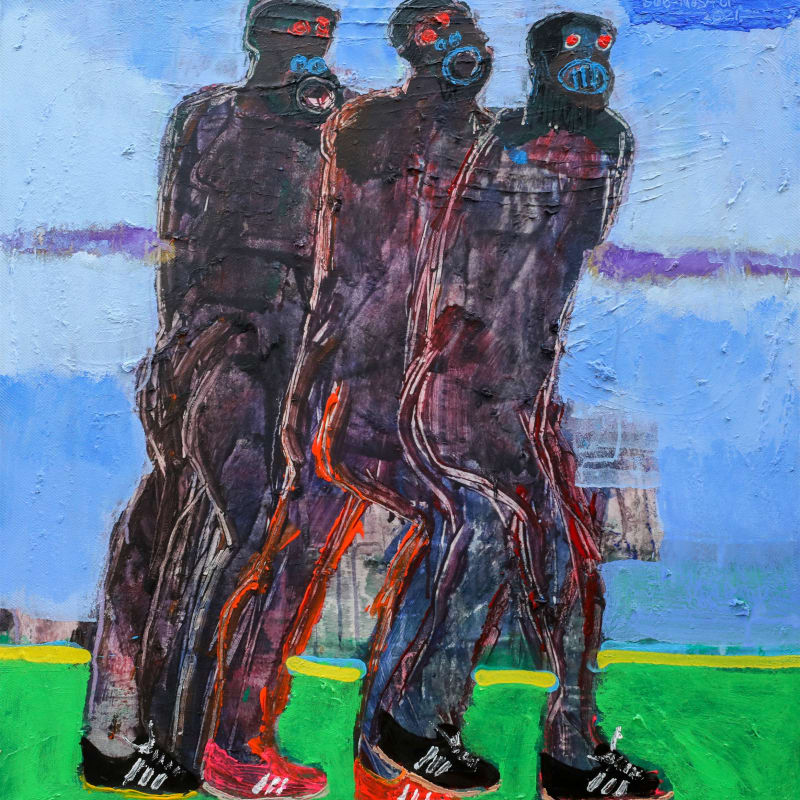 Bob-Nosa - Marching to Freedom - 2021 - 90cm H x 86cm W - Acrylic and spray paint on textured canvas